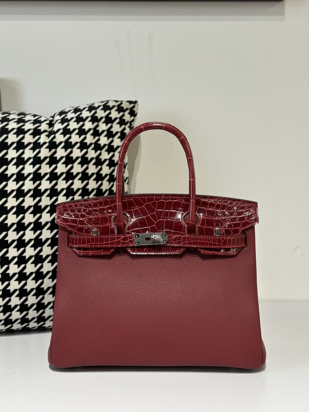 Crocodile Leather 30cm Glossy Burgundy Mixed Leather Silver Hardware Top Handle Tote Bag WCB082