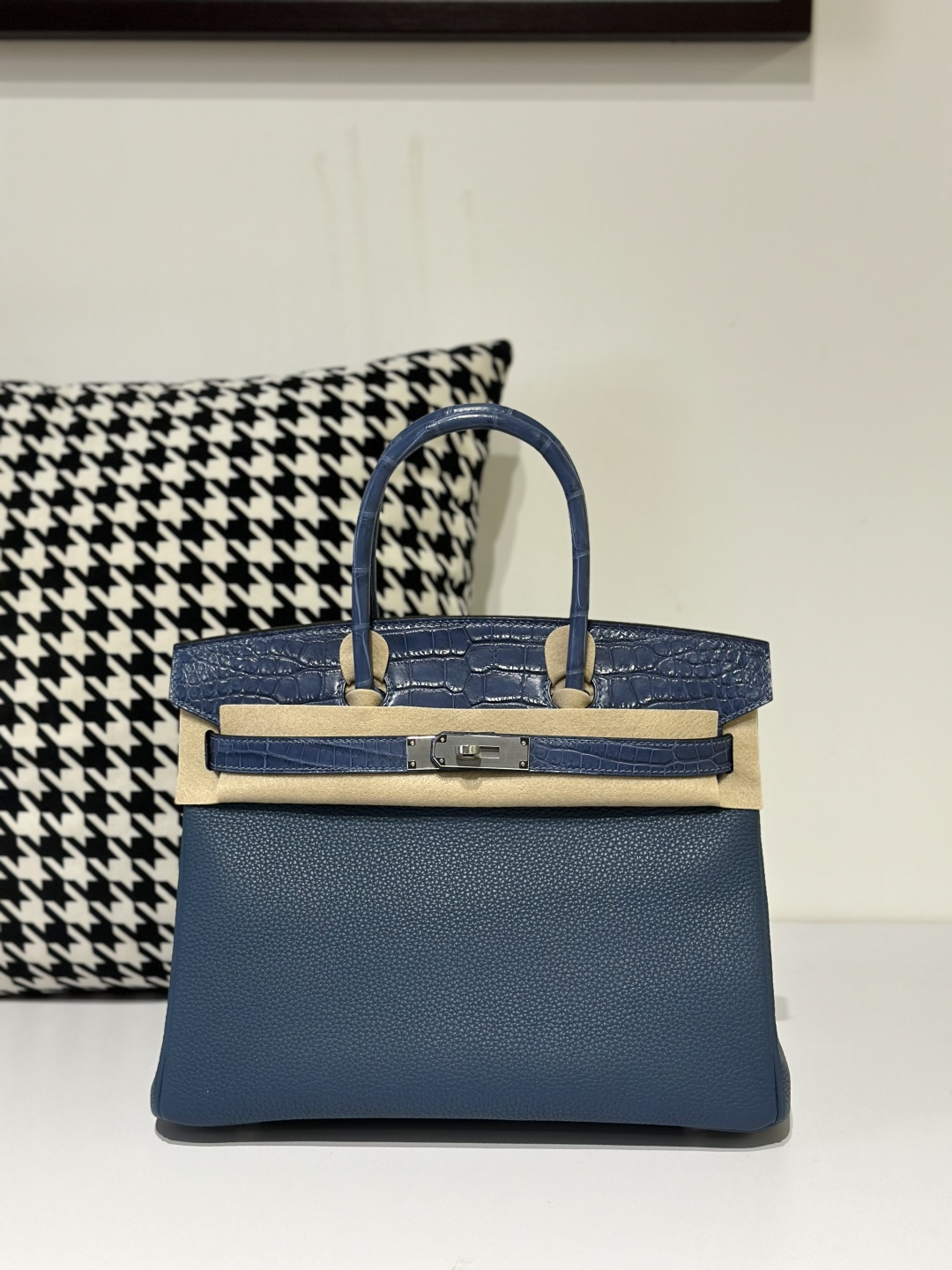 Crocodile Leather Blue 30cm Matte Mixed Leather Silver Hardware Top Handle Tote Bag WCB085