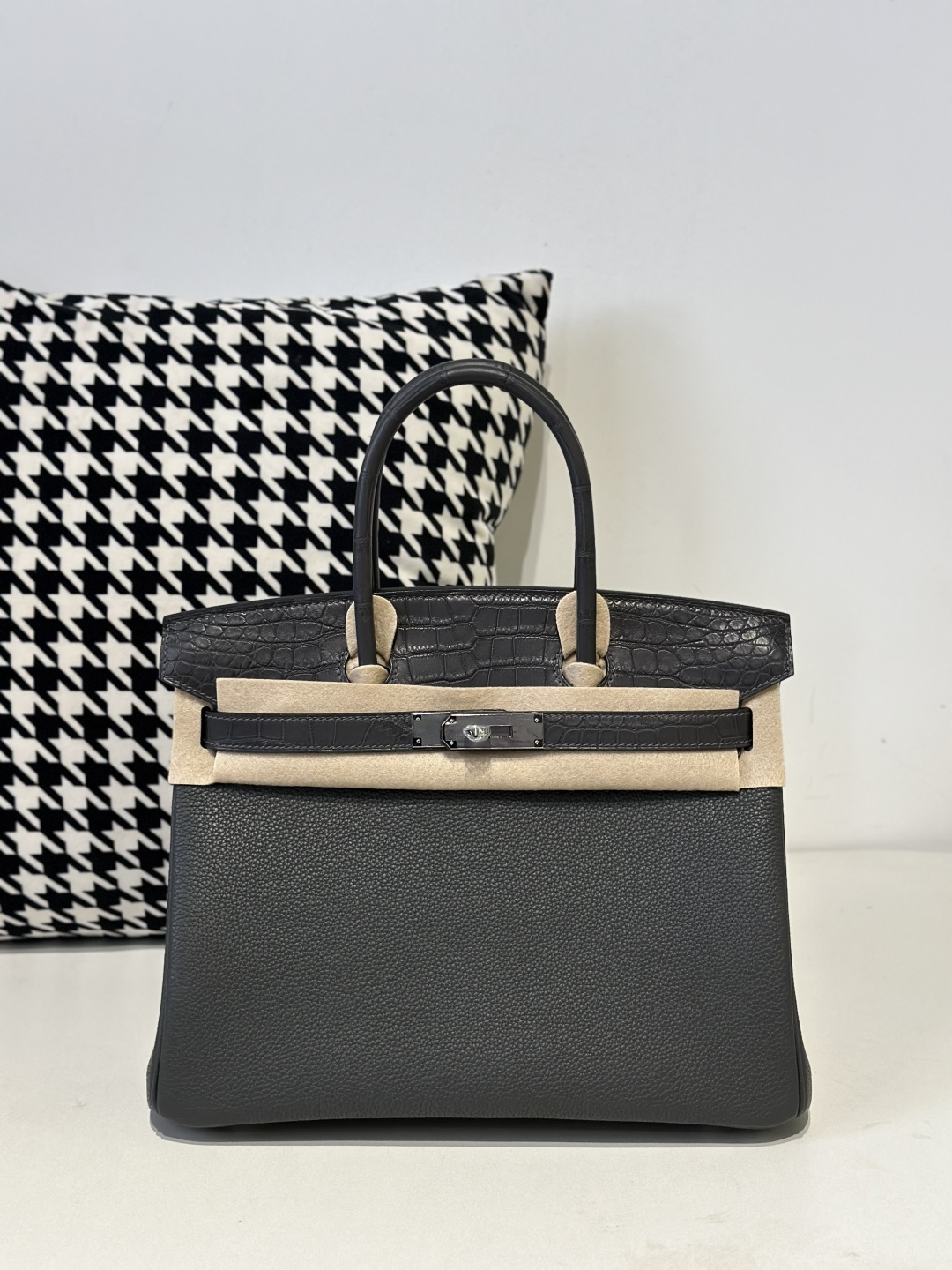 Crocodile Leather Graphite Gray 30cm Matte Silver Hardware Top Handle Tote Bag WCB086