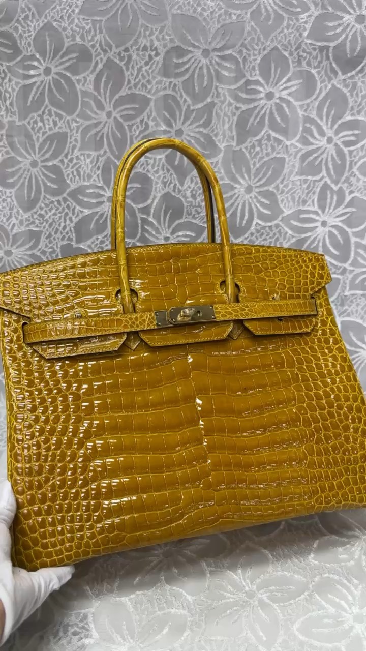 Crocodile Leather Amber Yellow 35cm Glossy Top Handle Tote Bag WCB114