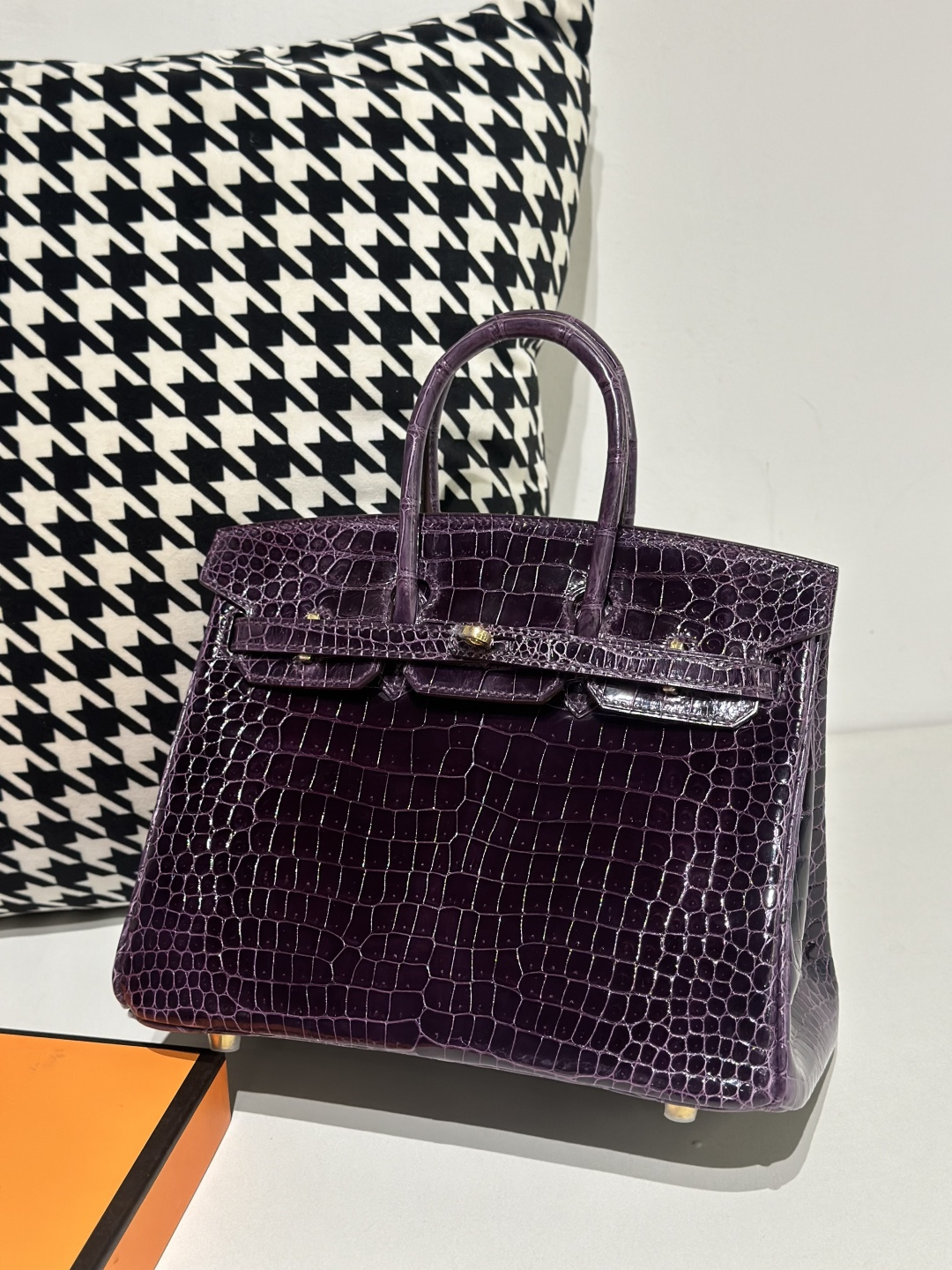 Crocodile Leather Gallon Purple 25cm Glossy Gold Hardware Top Handle Tote Bag WCB128