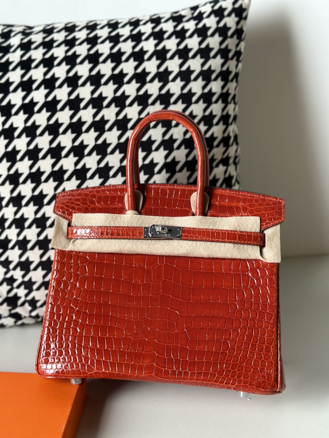 Crocodile Leather Orange 25cm Glossy Silver Hardware Top Handle Tote Bag WCB133
