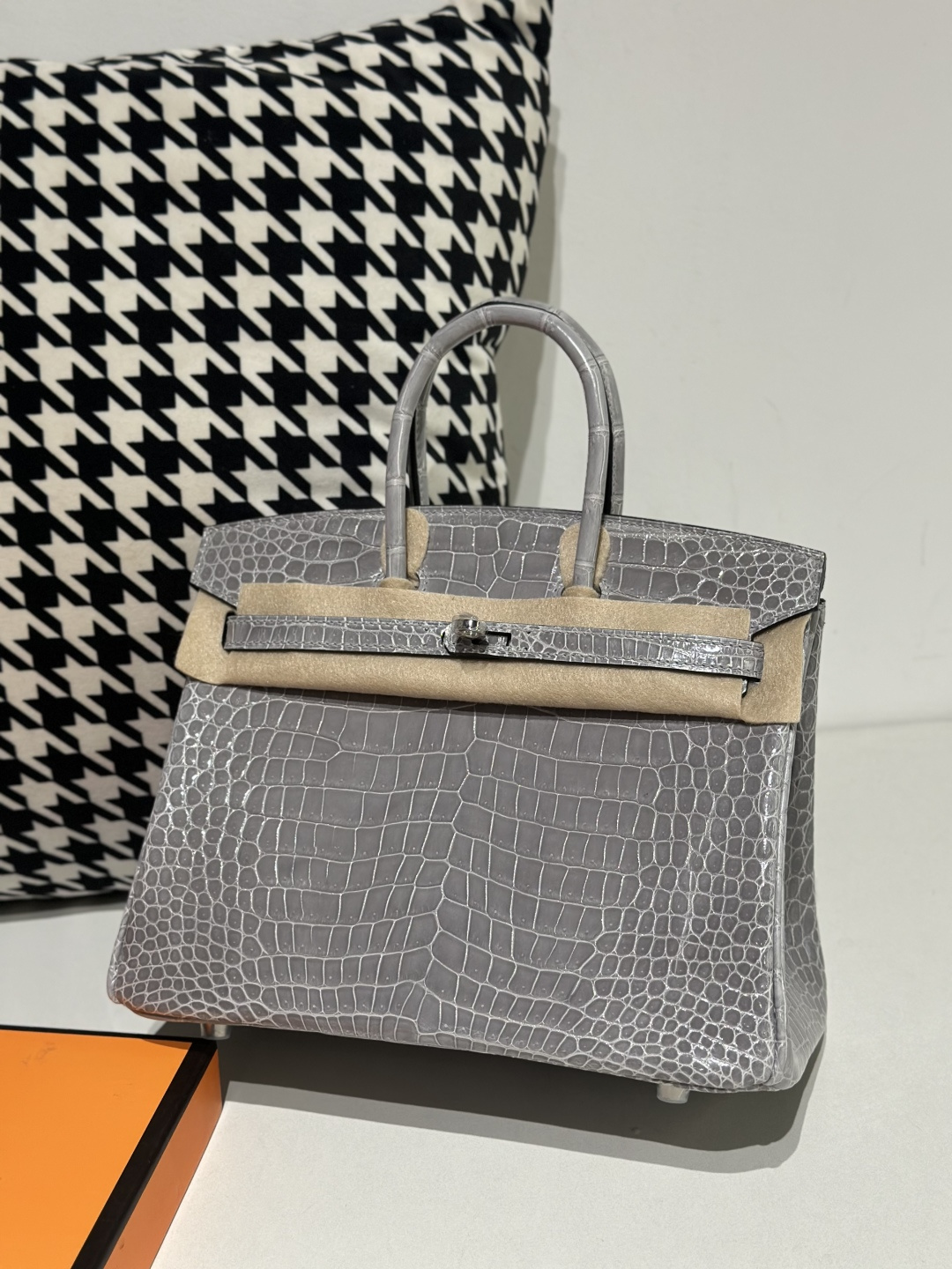 Crocodile Leather Crystal Gray 25cm Glossy Silver Hardware Top Handle Tote Bag WCB136