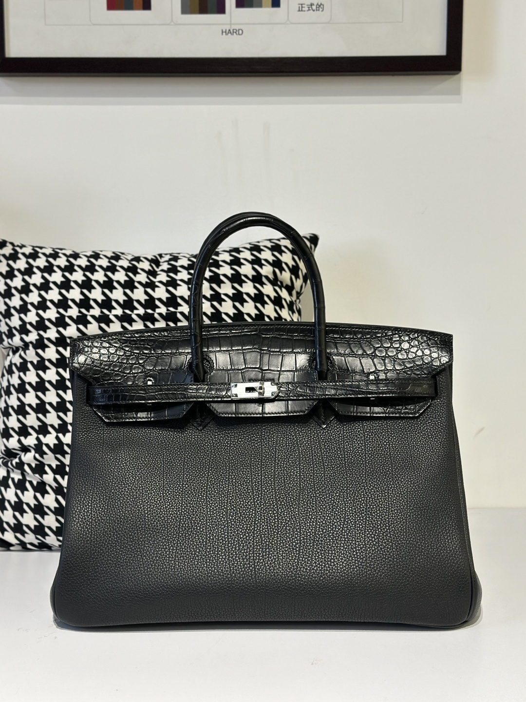 Crocodile Leather Black 40cm Matte Mixed Leather Silver Hardware Top Handle Tote Bag WCB149