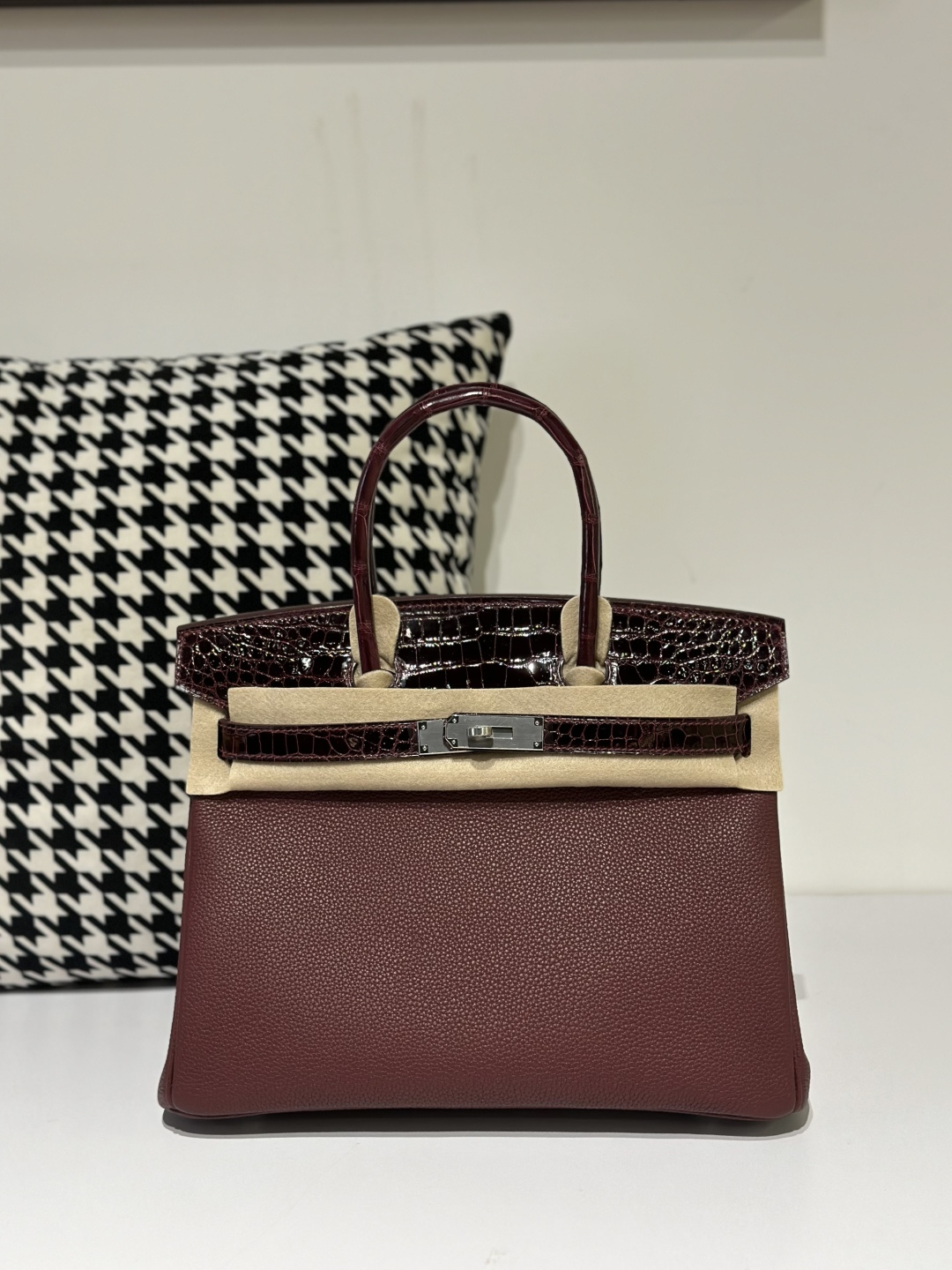 Crocodile Leather 30cm Glossy Burgundy Mixed Leather Silver Hardware Top Handle Tote Bag WCB159