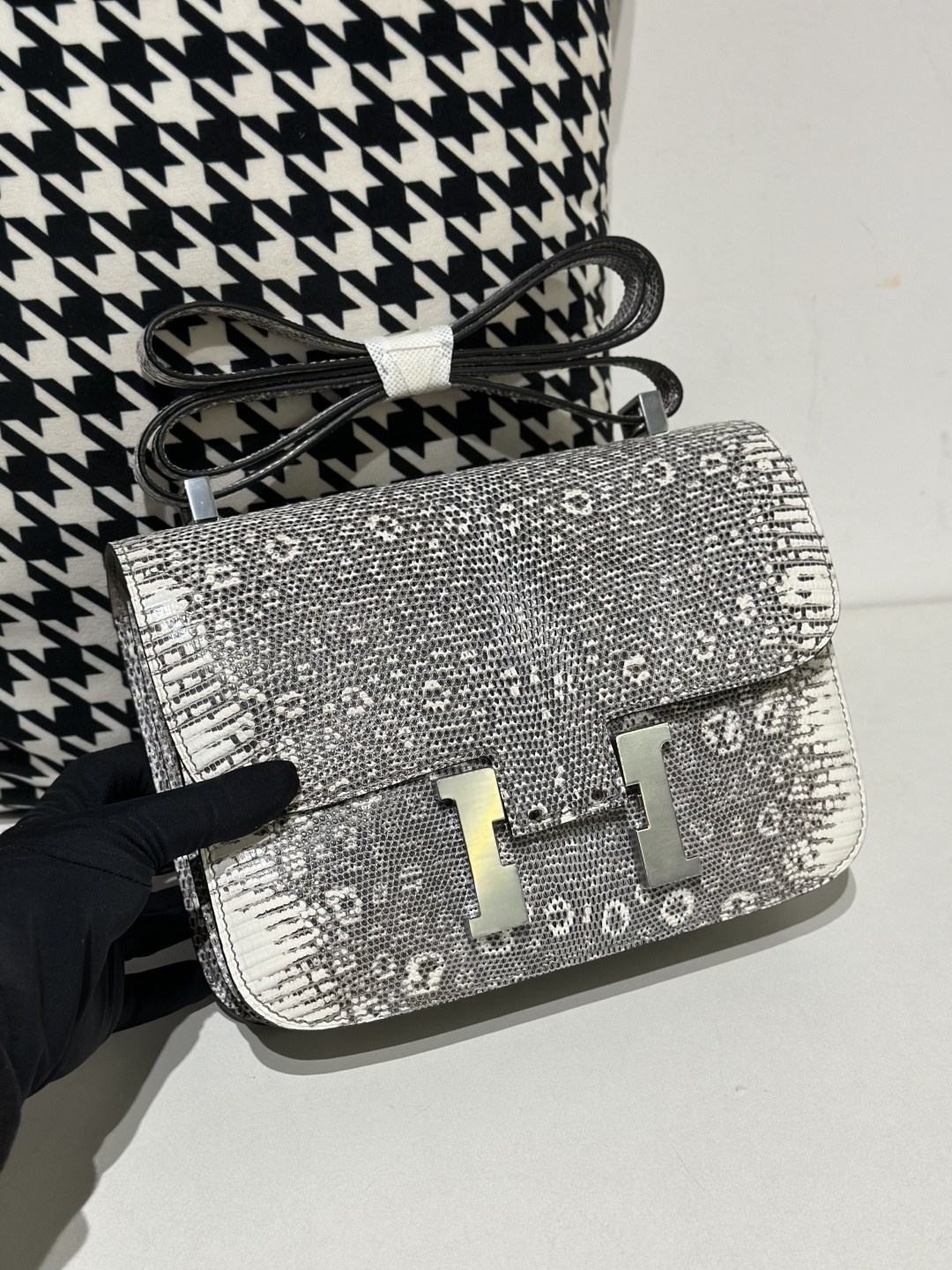 Lizard Leather 23cm Natural Pattern Silver Hardware Flap Shoulder Bag WLB001
