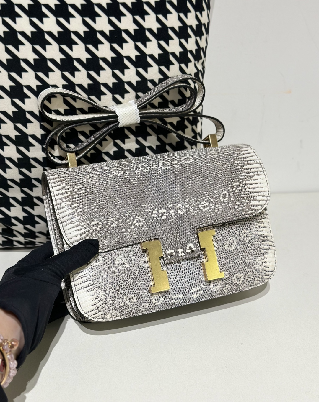 Lizard Leather 23cm Natural Pattern Gold Hardware Flap Shoulder Bag WLB002