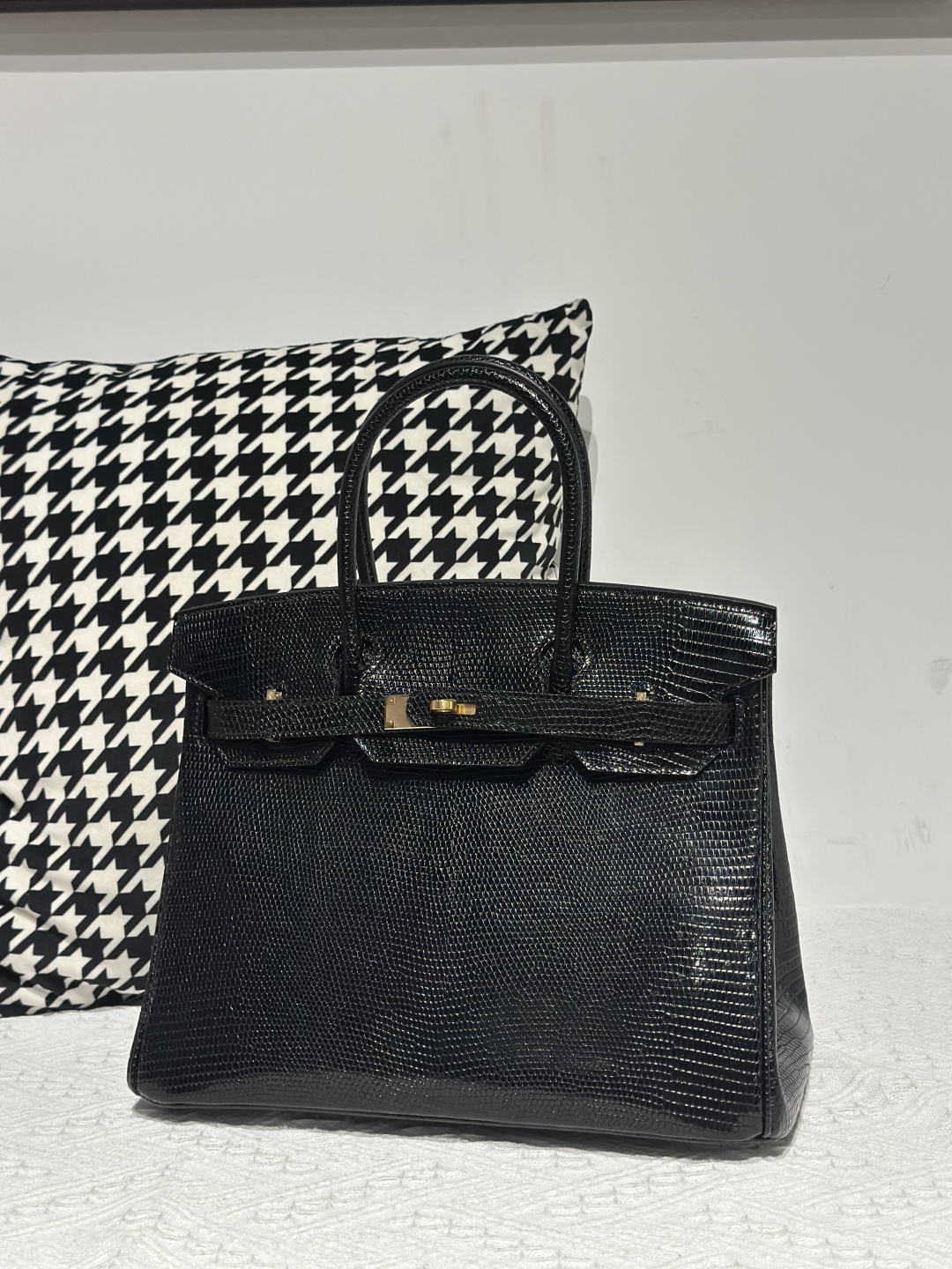 Lizard Leather Black 30cm Gold Hardware Top Handle Tote Bag WLB029
