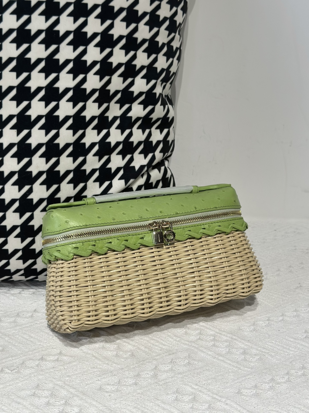 Ostrich Leather Woven 19cm Top Handle Bag WOB001