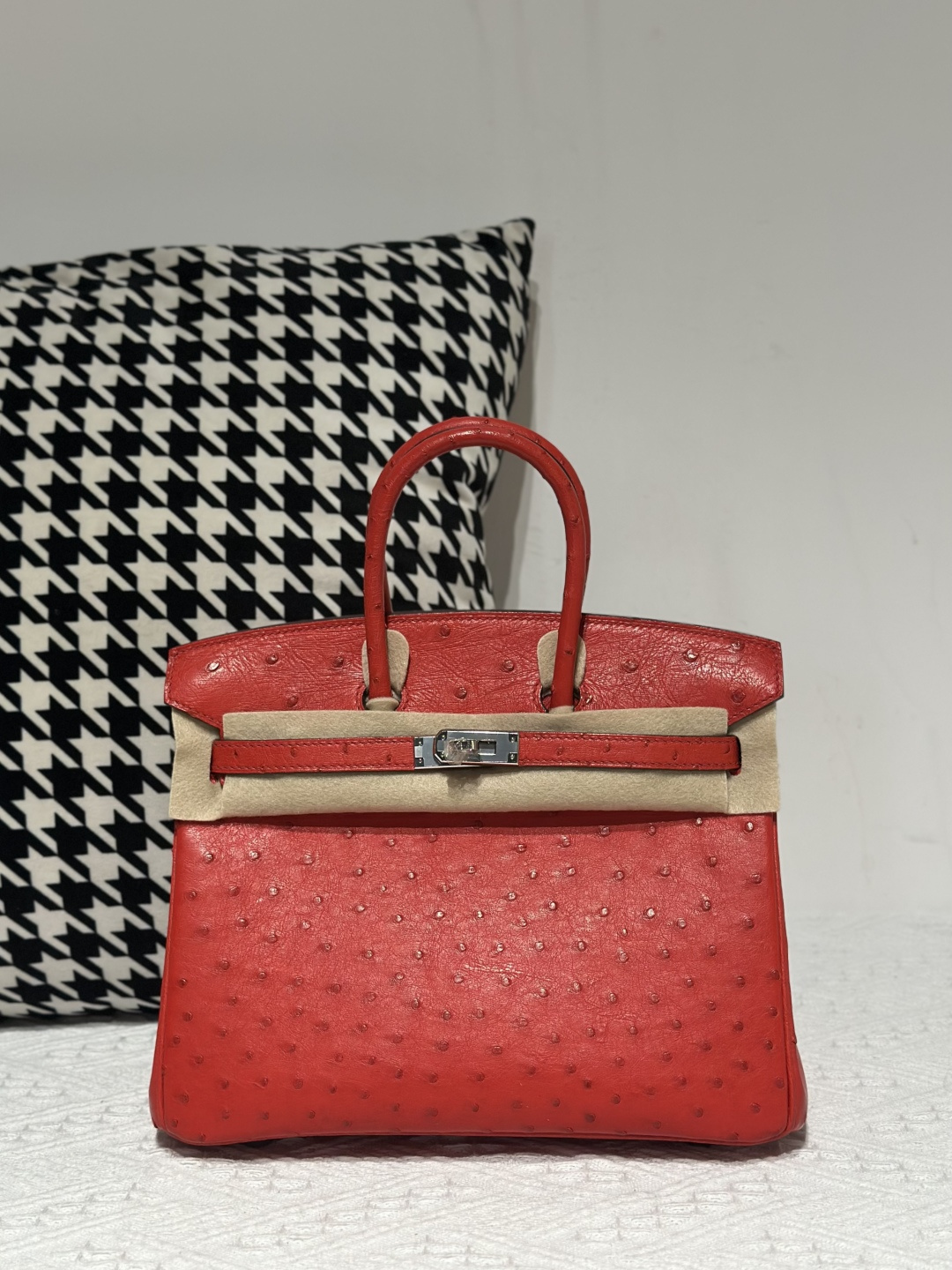 Ostrich Leather Red 25cm Silver Hardware Top Handle Tote Bag WOB007