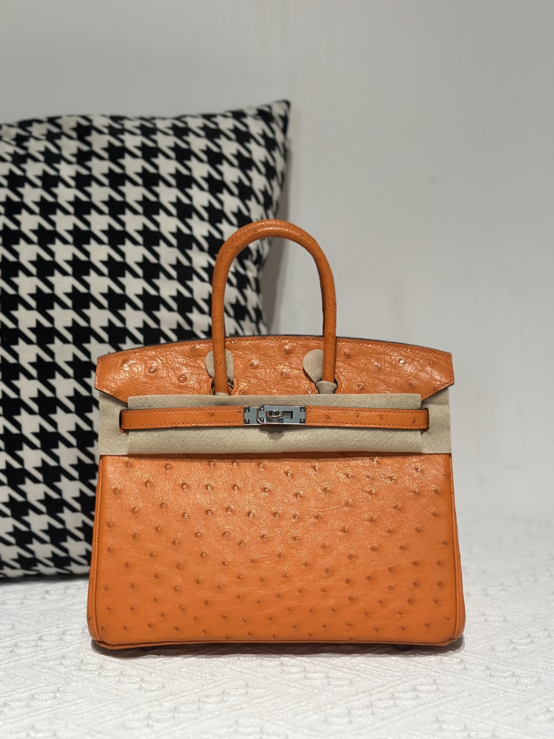 Ostrich Leather Orange 25cm Silver Hardware Top Handle Tote Bag WOB008