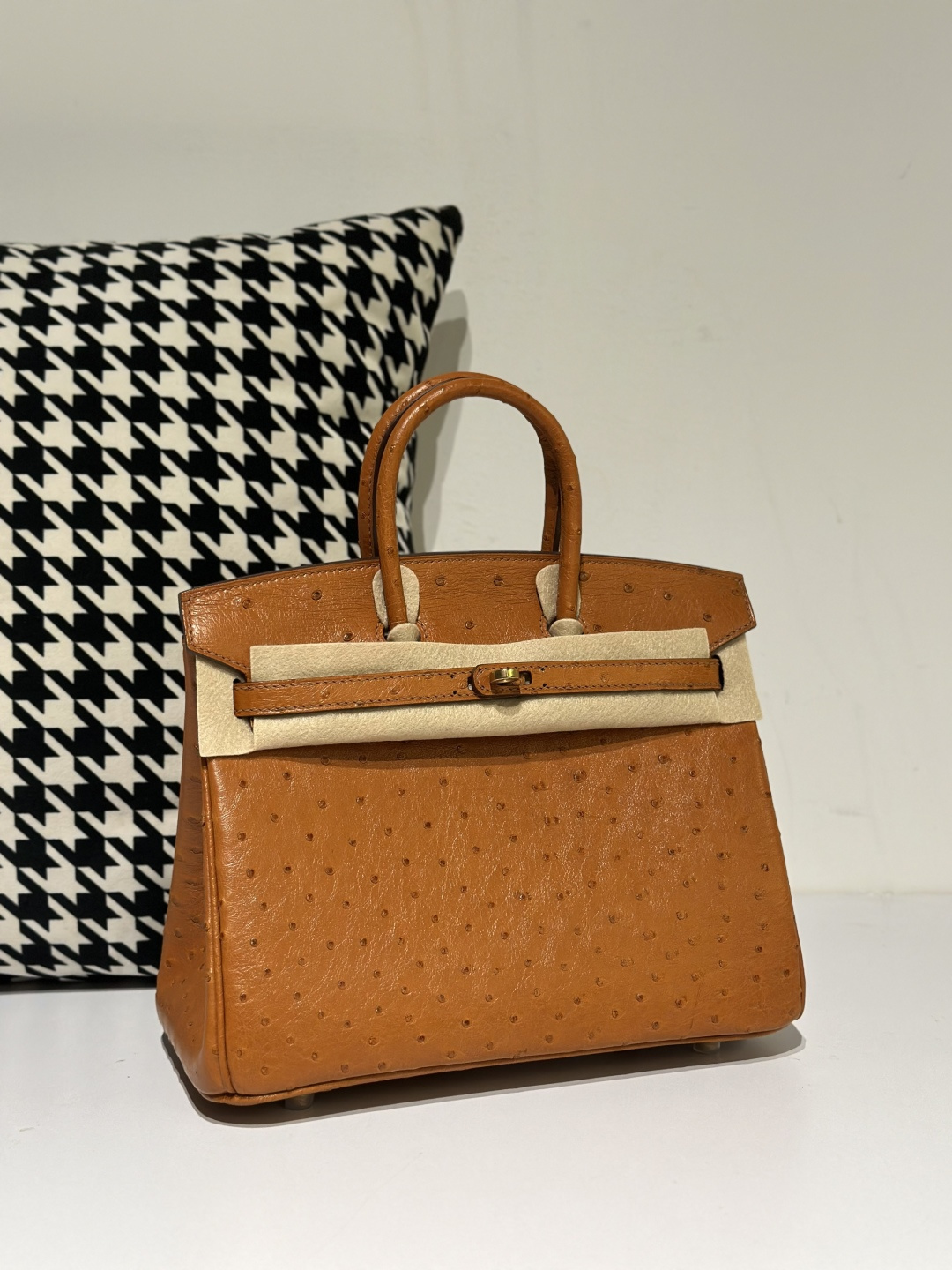 Ostrich Leather Golden Brown 25cm Gold Hardware Top Handle Tote Bag WOB055