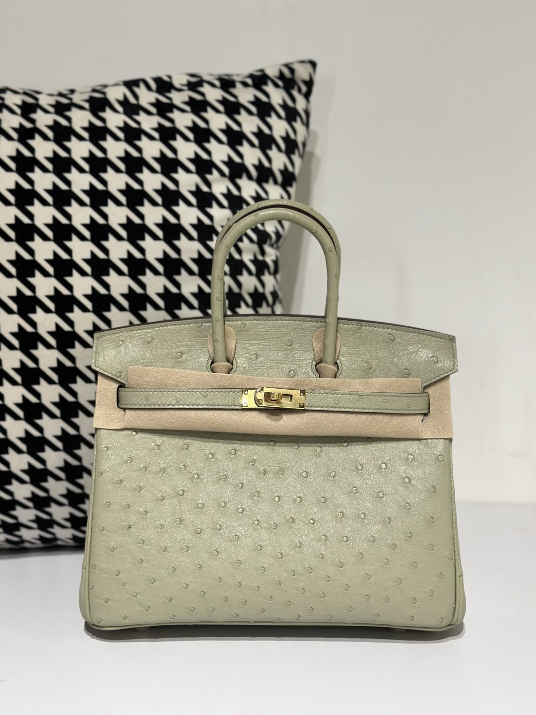 Ostrich Leather Sage Green 25cm Gold Hardware Top Handle Tote Bag WOB061