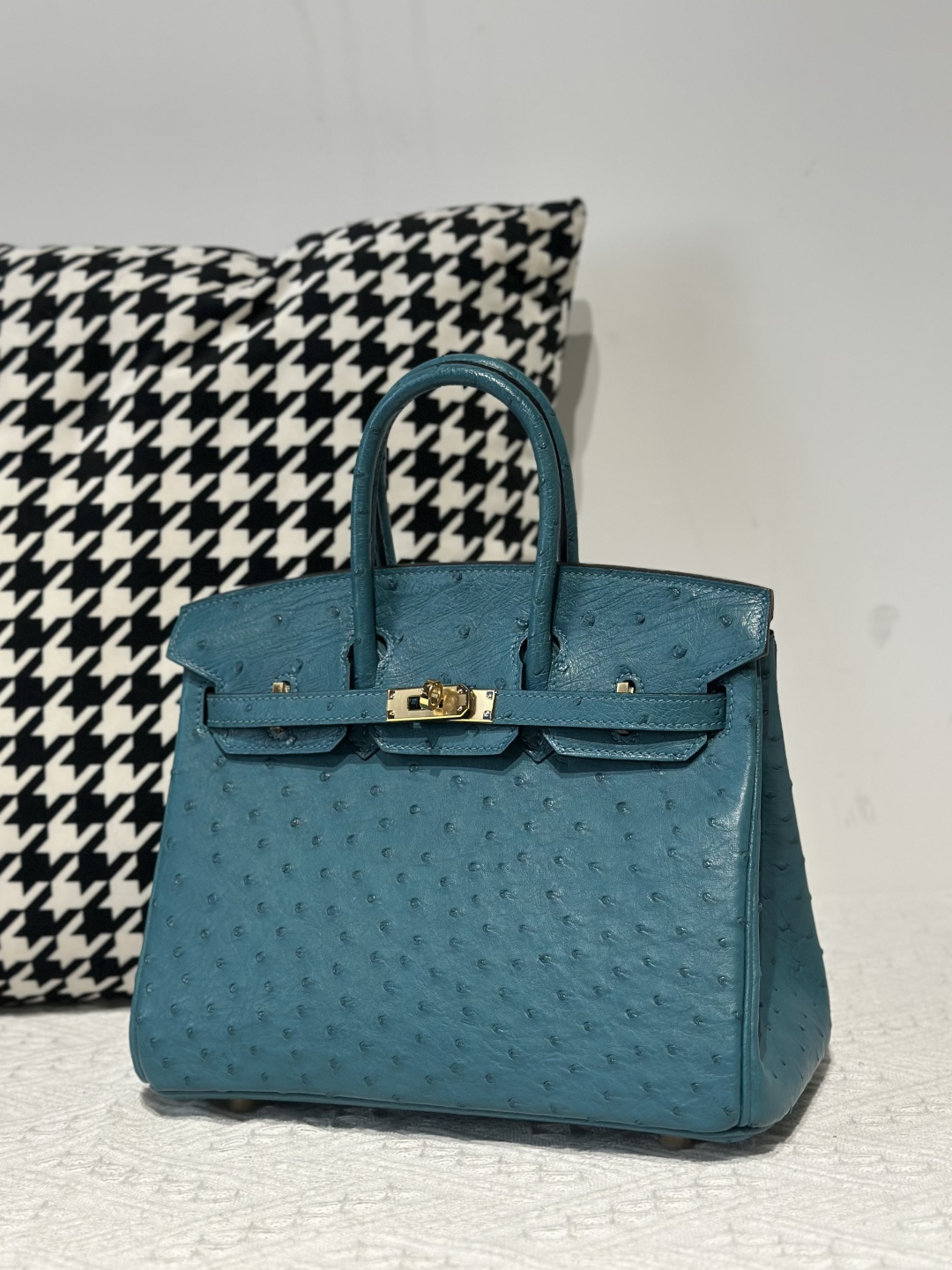 Ostrich Leather Aqua Blue 25cm Gold Hardware Top Handle Tote Bag WOB102