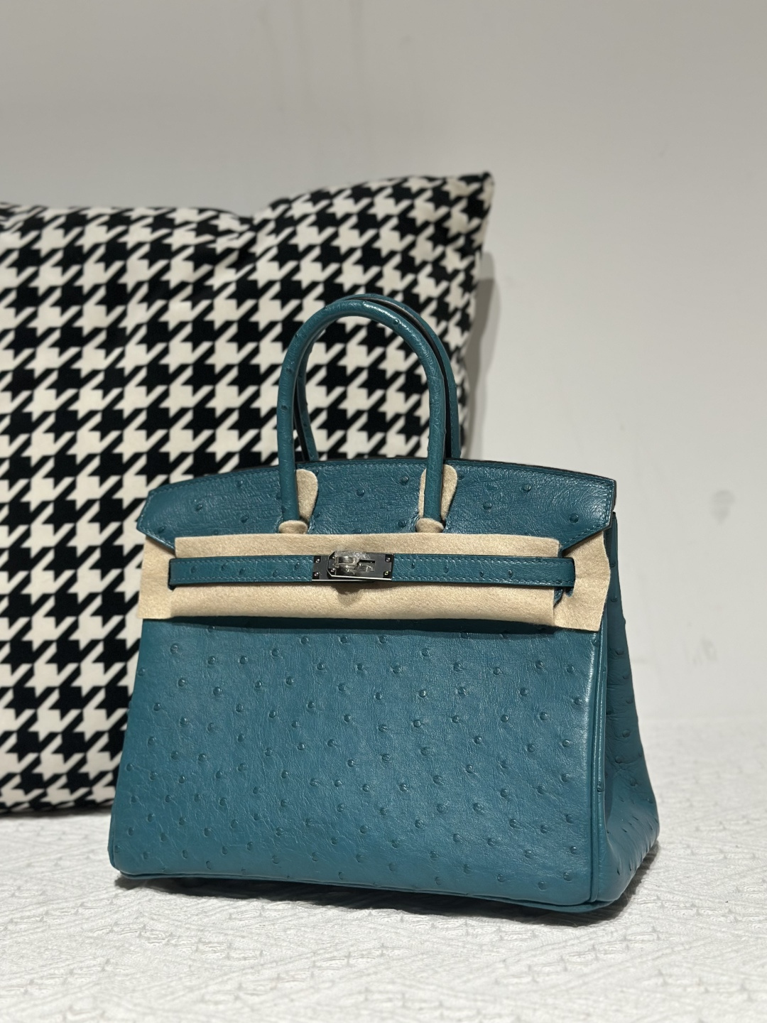 Ostrich Leather Aqua Blue 25cm Silver Hardware Top Handle Tote Bag WOB103