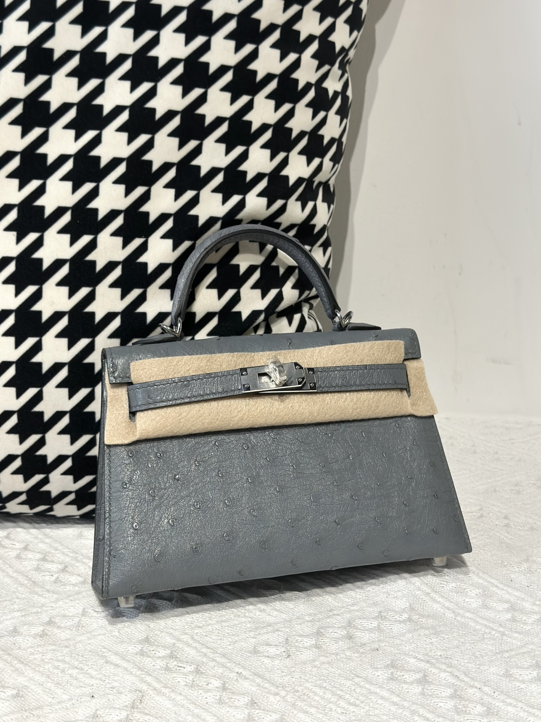 Ostrich Leather Denim Blue Silver Hardware Series II Top Handle Bag WOB117