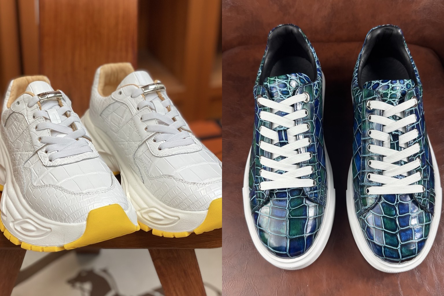 White crocodile leather sneakers with yellow soles beside iridescent blue and green crocodile leather sneakers