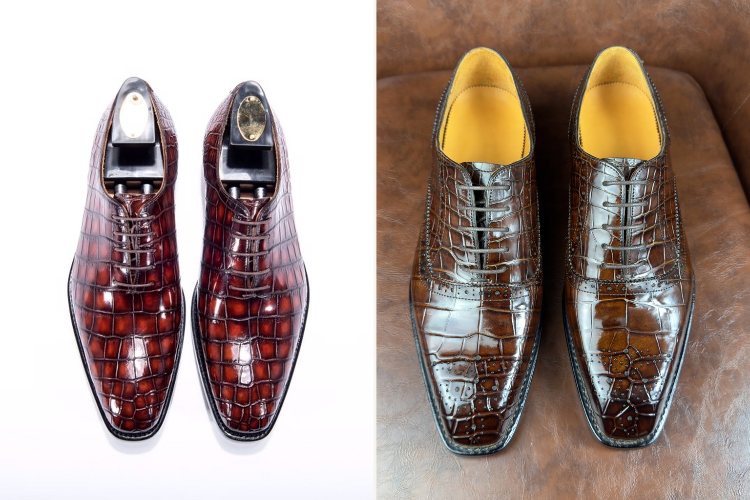 Two catalog shoe references used to plan an alligator or crocodile custom pair; material identity must be confirmed in the order record